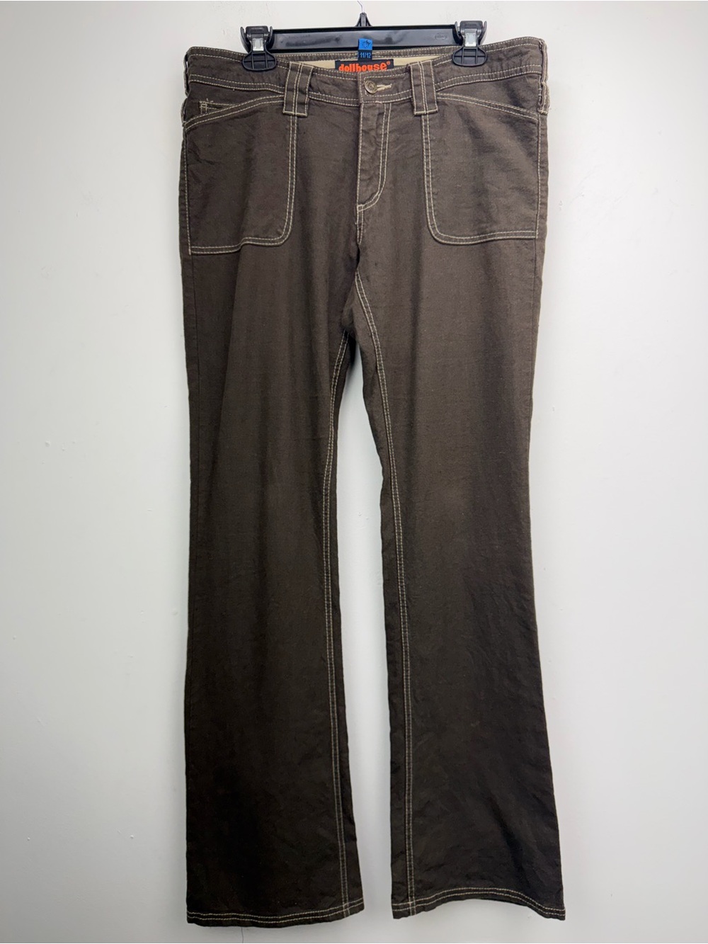 Dollhouse size 11/12 Tall Juniors Y2K Brown Mid Rise Linen Blend Bootcut Pants